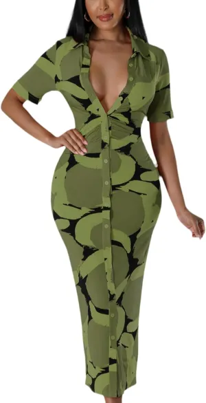 ZERMOM Women's Button Down Shirt Dress Short Sleeve Print Collar V Neck Summer Bodycon Midi Dresses