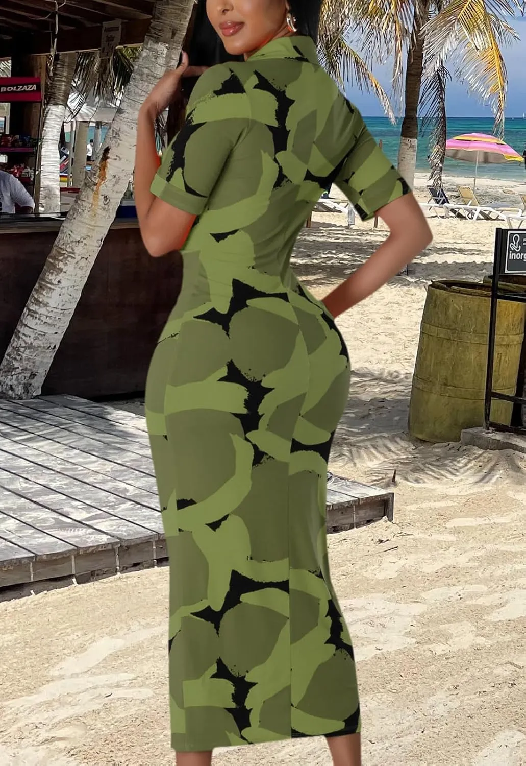 ZERMOM Women's Button Down Shirt Dress Short Sleeve Print Collar V Neck Summer Bodycon Midi Dresses