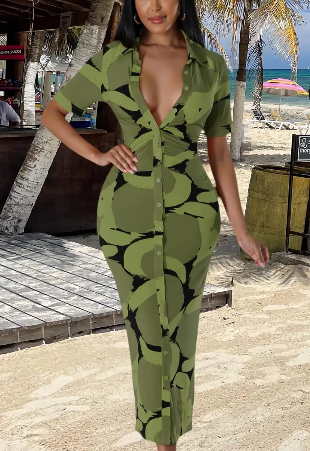 ZERMOM Women's Button Down Shirt Dress Short Sleeve Print Collar V Neck Summer Bodycon Midi Dresses