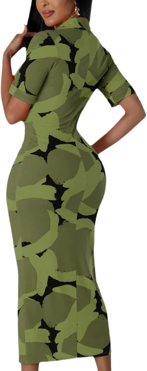 ZERMOM Women's Button Down Shirt Dress Short Sleeve Print Collar V Neck Summer Bodycon Midi Dresses