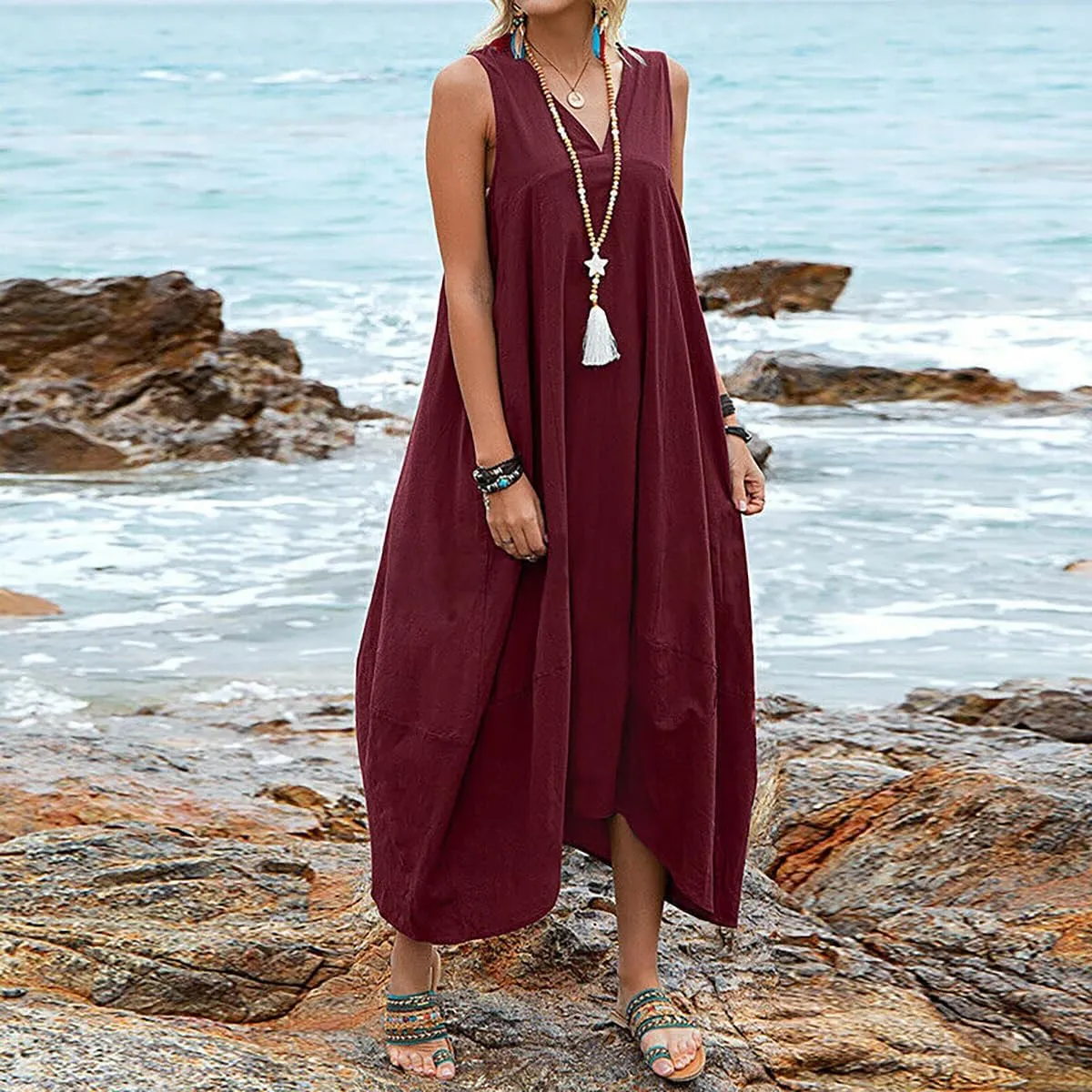 ZOCAVIA Women's Cotton Linen Sleeveless Maxi Dress Summer Loose Long Tank Dress Sundress with Pockets Beach Vacation Outfits