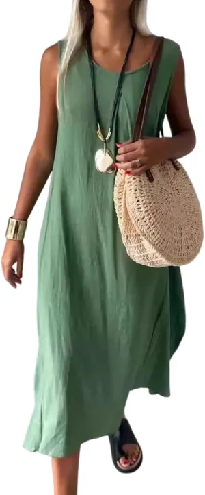 ZOCAVIA Women's Cotton Linen Sleeveless Maxi Dress Summer Loose Long Tank Dress Sundress with Pockets Beach Vacation Outfits