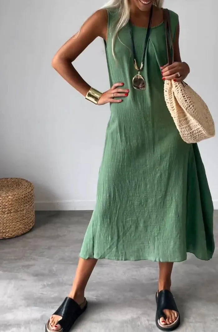ZOCAVIA Women's Cotton Linen Sleeveless Maxi Dress Summer Loose Long Tank Dress Sundress with Pockets Beach Vacation Outfits