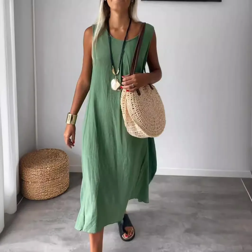 ZOCAVIA Women's Cotton Linen Sleeveless Maxi Dress Summer Loose Long Tank Dress Sundress with Pockets Beach Vacation Outfits